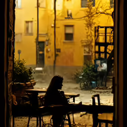 a person sitting at a table under an umbrella