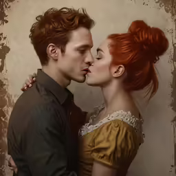 two people kissing while one is dressed in renaissance clothing