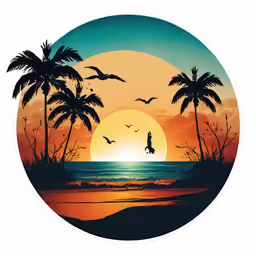 the sun set over a tropical beach with palm trees