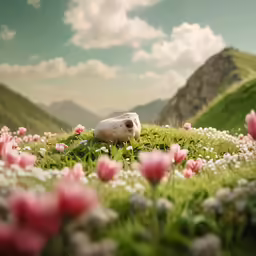 a vase with pink flowers sitting on top of grass