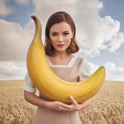 a woman in a dress is holding up a yellow banana