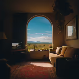 a living room filled with furniture and a big arched window