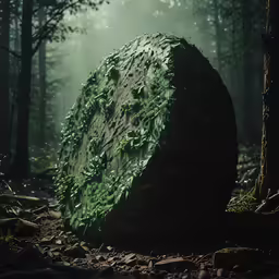 an enormous round rock in the middle of a forest