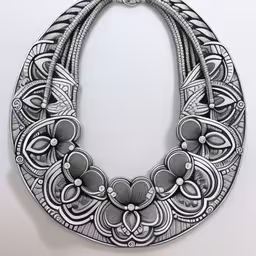 a decoratively detailed metal necklace hanging on the wall,a silver necklace with decorative flowers in the center,a necklace on a white surface with lots of different shapes and sizes,a drawing of a necklace on a white background,a woman