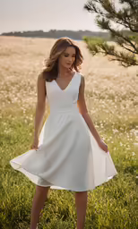 woman in a white dress is standing in grass