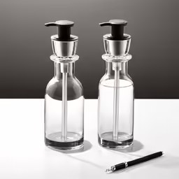 two clear bottles with a metal top one containing a black pen