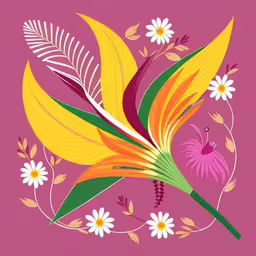 a painting of a flower with large and tiny leaves