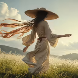 an asian woman in an asian - styled dress in a field wearing a hat and long flowing hair