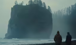 two people looking out at the ocean and cliffs