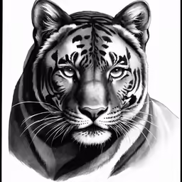 the face of a tiger in black and white
