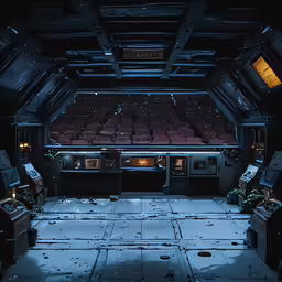 an old, worn out, dark theater with red seats