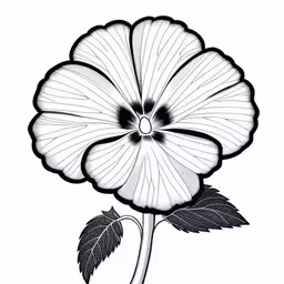 an ink drawing of a flower,a flower with a stem, leaves and petals on it