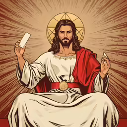 jesus sitting on top of a table with a cell phone