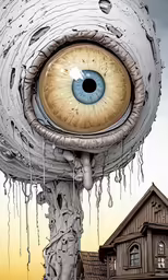 an artistic illustration with an eye looking out over a town