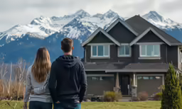 the young couple look out at the mountains and trees