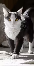 black and white cat walking on cement near large rock