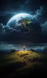 a man in a field with a lone tree standing under the moonlight