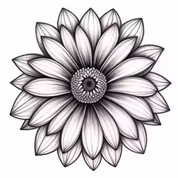 the large flower is drawn in black and white,an intricate flower is depicted in a pen and ink drawing