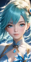 anime princess wearing blue and gold dress in front of dark background