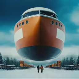 there are people walking next to the large ship