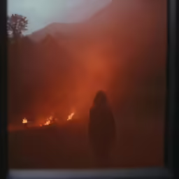 a woman standing in front of a fire