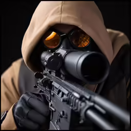 a man with glasses is holding an automatic rifle