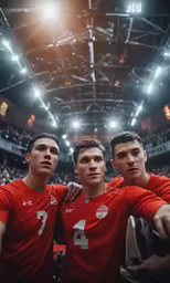 two guys are posing in front of a crowd