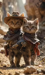 two cats dressed in fancy clothes stand close together