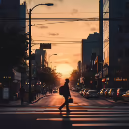 a man that is walking across a cross walk