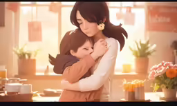 a woman holding a child while wearing an orange shirt