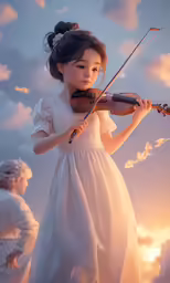 girl in white dress holding a violin outdoors