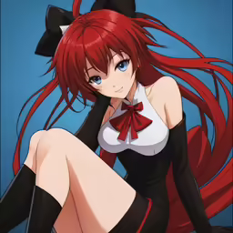 an anime girl with bright red hair in front of blue background