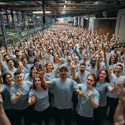 group of people waving in a large building