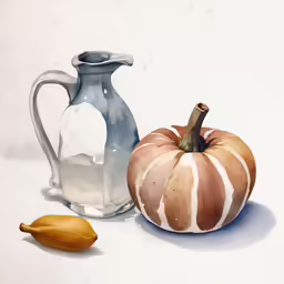 a painting of an orange and a black glass vase