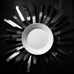 black and white photo of an assortment of knives with circular white plate