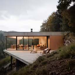 a patio with furniture on the side overlooking the outdoors