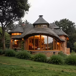 an outdoor building with a round roof next to a grassy field