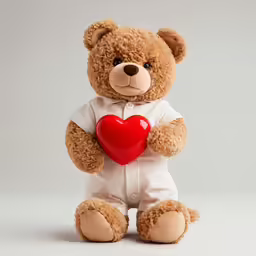 a teddy bear holding a heart shape red balloon