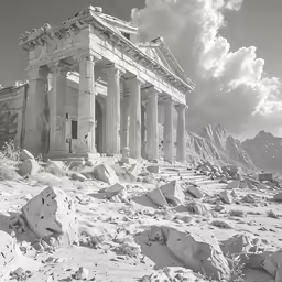 a black and white photo of a greek temple