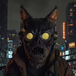 a cat head wearing earphones and glowing eyes