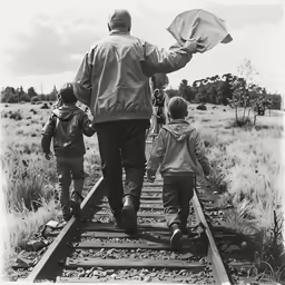 a man and two children walking down the railroad tracks