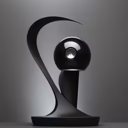 a black sculpture with an illuminated light next to it