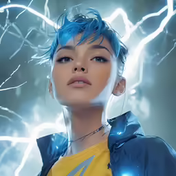 a young girl with blue hair in lightning makeup