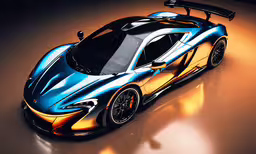 the blue and gold sports car sits in a spotlight,a sports car that is blue with orange highlights