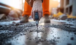 person in an orange pant holding a small drill