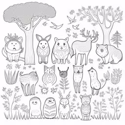 animals and birds standing near each other in the forest