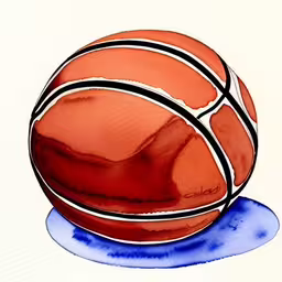 a drawing of a basketball on the ground,the watercolor drawing shows an orange basketball