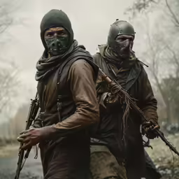 two men wearing protective gear and carrying rifles