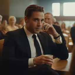 man talking on cell phone while sitting in front of people