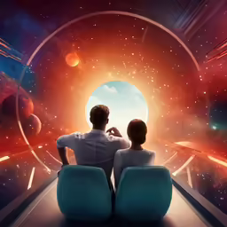the young couple sits on their seats and looks out at space